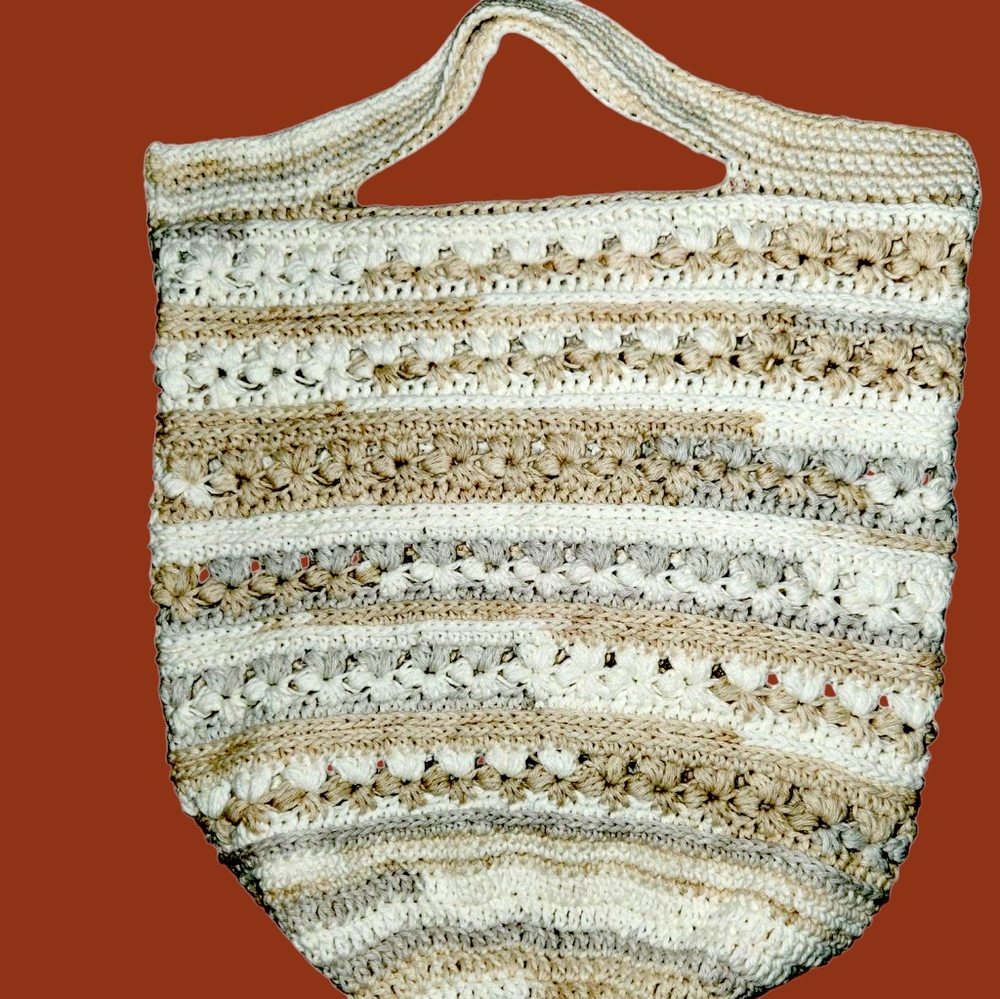 Handmade Shopping Tote Cream and Tan with Intricate Detailing - Picture 3 of 11